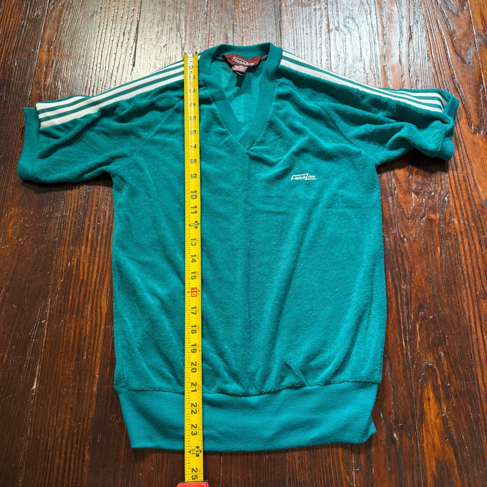 Vintage 80s Finish Line Velour Shirt Mens S Teal Green Striped V Neck — image 5 of 8